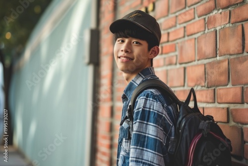 College Boy with Backpack Ready for Study at University Campus Photo. Fictional Character Created By Generative AI