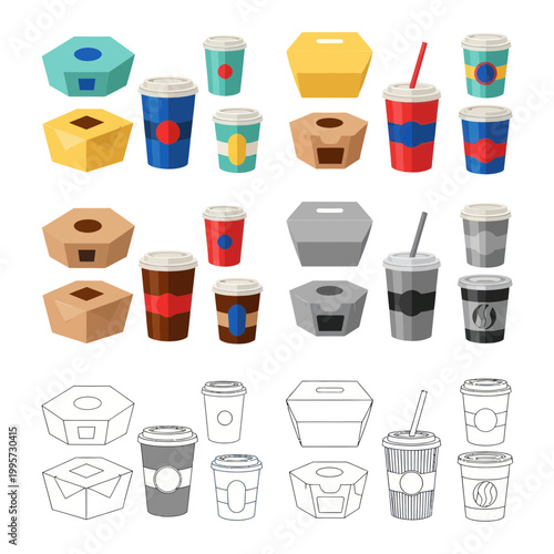 Foto Colorful fast food packaging collection, take away cups and boxes, flat design
