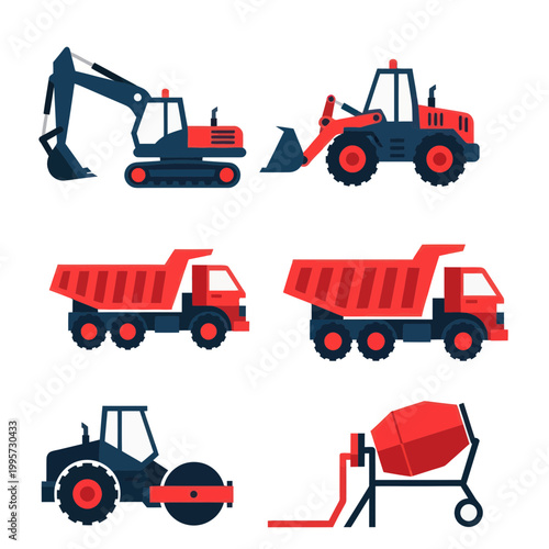 Construction vehicles set: excavator, loader, dump trucks, roller, cement mixer