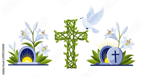Easter Resurrection Symbols: Cross, Dove, Lilies, and Empty Tomb