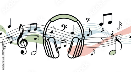 Headphones and Musical Notes on Staff Lines, Abstract Music Concept