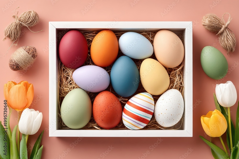 Obraz premium Colorful Easter eggs arranged in a white frame with spring tulips and pastel decor