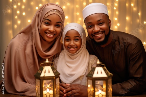 African Muslim Family Celebrating Eid Festival in Traditional Outfits with Illuminated Arabic Lanterns and Smiling for Photo. Fictional Character Created By Generative AI