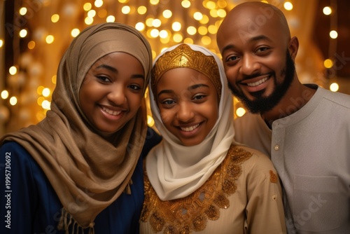 African Muslim Family Celebrating Eid Festival in Traditional Outfits and Smiling for Photo. Fictional Character Created By Generative AI