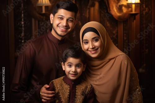 Happy Muslim Family Celebrating Eid Festival in Traditional Outfits and Illuminated Arabic Lantern Photo. Fictional Character Created By Generative AI