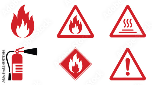 Set of red and black flat vector fire safety and hazard warning icons including flame extinguisher hot surface and general caution symbols illustration collection, emergency warning signage concept 