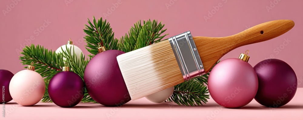 Fototapeta premium Christmas ornaments and evergreen branches with paintbrush for holiday decorating and DIY concept