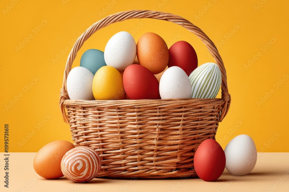 Obraz premium Easter basket with colorful painted eggs arranged on a table against a yellow background