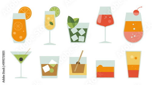 Colorful assortment of cocktails and drinks in glasses with fruit garnishes Vector