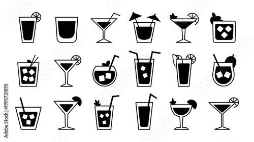 Bilde på lerret Set of sixteen stylish black and white cocktail and drink icons with various gla