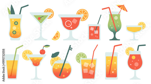Quadro su tela Colorful set of tropical drink illustrations with different fruit juices and coc