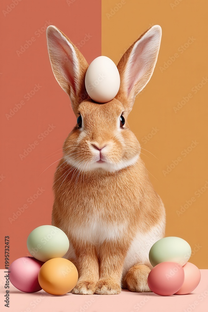 Fototapeta premium Cute brown rabbit with pastel Easter eggs balanced on head in colorful spring portrait