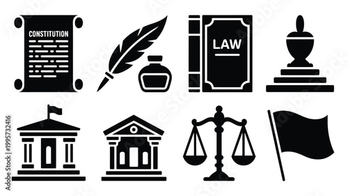 Vector bundle of constitution law icons including government buildings scales and flag on white background