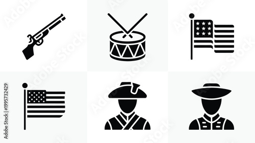 Patriotic american icons including gun drum flags and colonial soldiers on white background