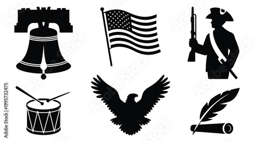 Cuadro en lienzo American patriotic symbols illustration featuring liberty bell flag colonial sol