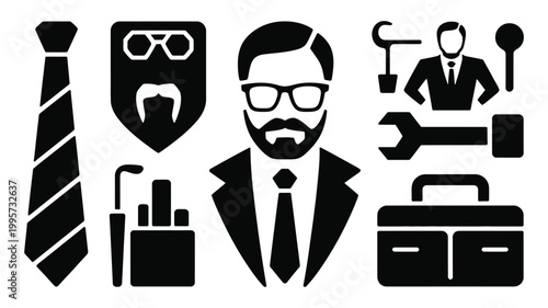 Geometric silhouette icons for father's day including businessman tools and accessories on white background