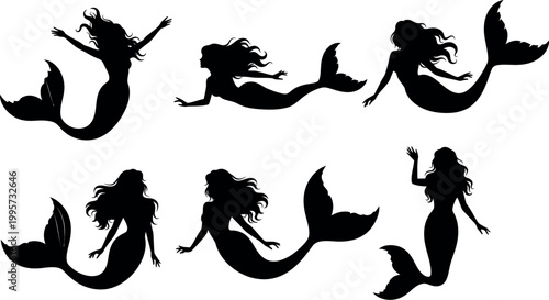 Silhouettes of various mermaid poses against a plain white background