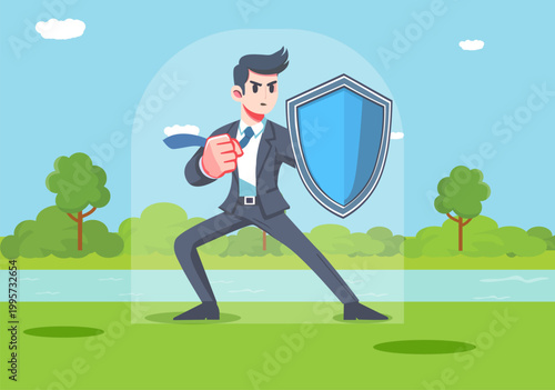 Business leaders hold a shield of business stability, insurance, and financial protection.