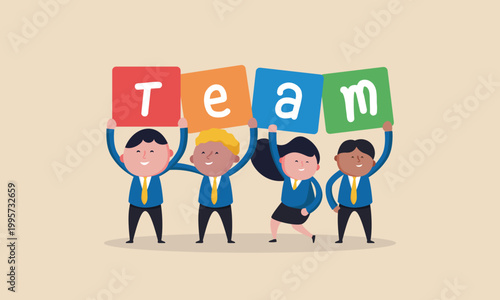 Diverse group of cartoon business people holding up colorful blocks spelling TEAM