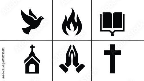 Minimalist vector design featuring dove flame holy book church praying hands and cross on white background