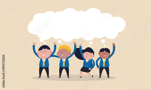 Diverse team celebrating success with a thought bubble for ideas and collaboration