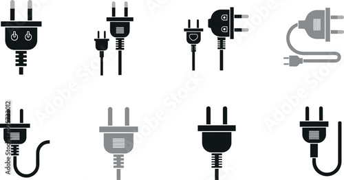 Electric plug and cable icon collection with various power connectors, sockets and cords isolated flat vector set