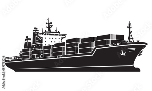 Cargo container ship silhouette, container vessel, ocean sea, vector isolated on white