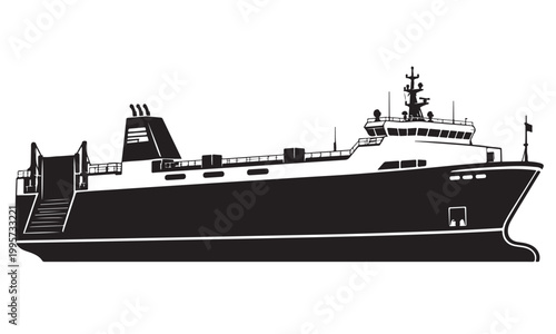 Ro-Ro ship silhouette, roll on roll off vessel, ocean sea, vector isolated on white