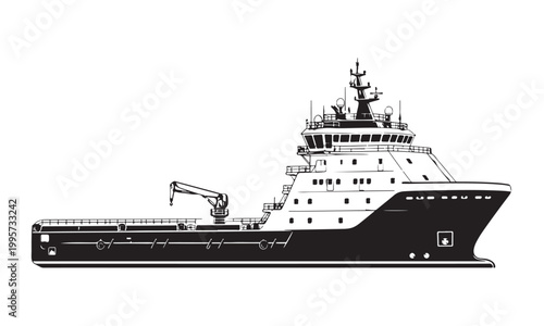 Survey ship silhouette, survey vessel, ocean sea, vector isolated on white