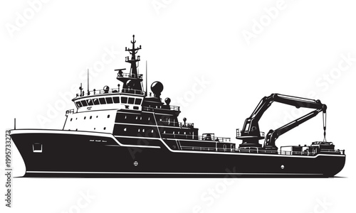 Pipe laying vessel silhouette, pipeline installation ship, offshore sea, vector isolated on white