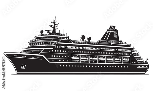 Passenger ship silhouette, cruise vessel, ocean sea, vector isolated on white