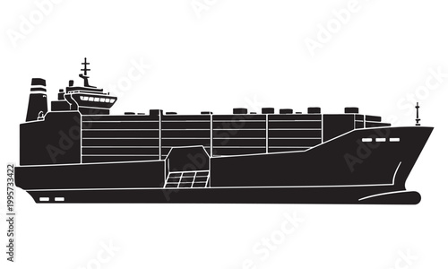 Car carrier ship silhouette, vehicle transport vessel, ocean sea, vector isolated on white