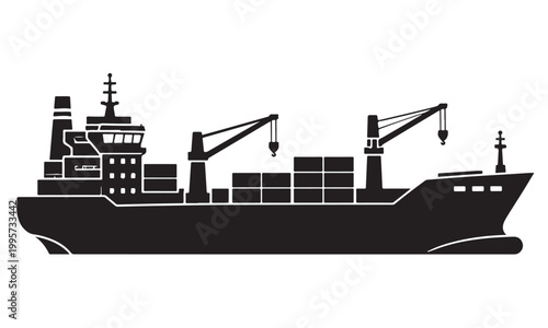 General cargo ship silhouette, cargo vessel, ocean sea, vector isolated on white