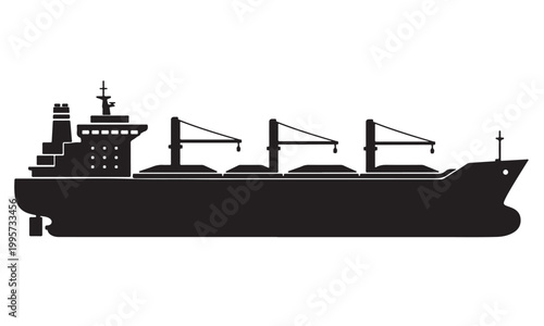 Bulk carrier ship silhouette, dry bulk vessel, ocean sea, vector isolated on white