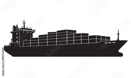 Cargo container ship silhouette, container vessel, ocean sea, vector isolated on white