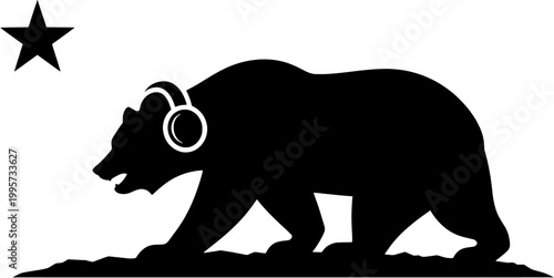 California Bear Silhouette with Headphones Vector Illustration