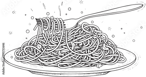 Black and white line of spaghetti on a plate