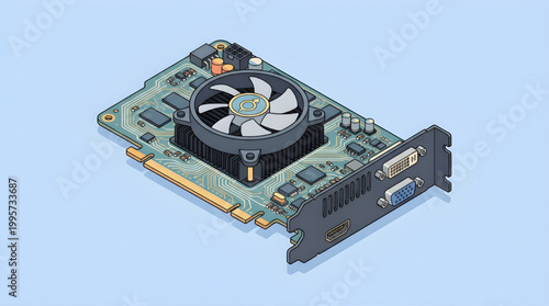 Modern GPU Illustration Isometric Graphics Card Computer Hardware Concept