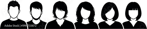 Silhouettes of five people displaying various contemporary hairstyles and facial features