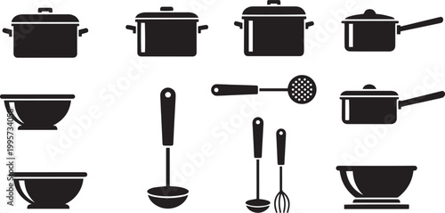 Black kitchenware set including pots, pans, bowls, and utensils