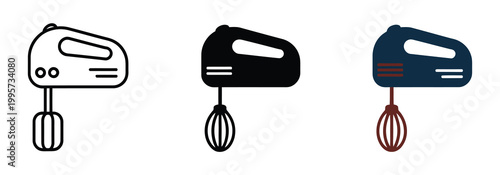Set of three hand mixer icons in outline solid and colored styles vector illustration collection, cooking and baking appliance symbol set, kitchen tool concept for food preparation mixing blending and