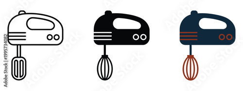 Set of three hand mixer icons in outline solid and colored vector illustration, kitchen appliance concept for baking cooking food preparation tools modern culinary equipment representation minimalist 