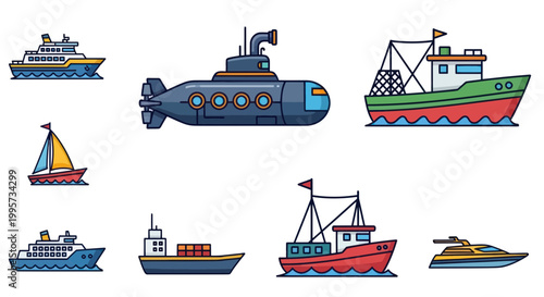 Set of cartoon boats and ships, including submarine, yacht, ferry, cargo ship