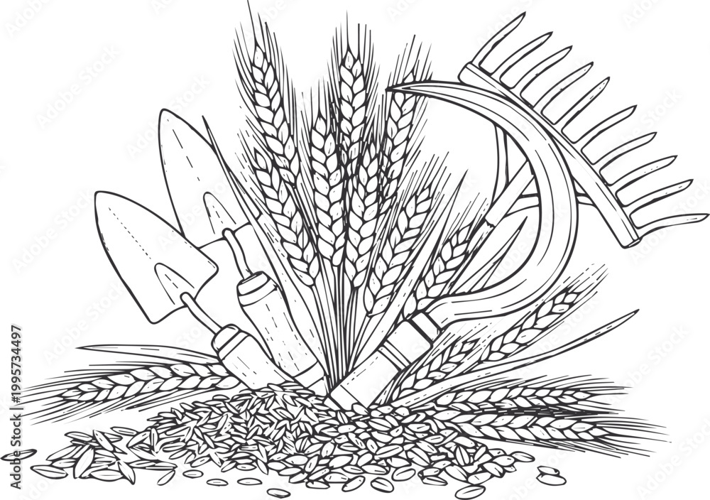 Fototapeta premium Garden tools, wheat stalks, and grain harvest