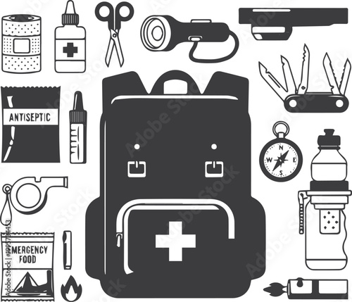 First aid kit, backpack, and survival gear