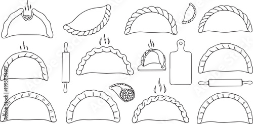 Hand-drawn set of empanadas, dumplings, and kitchen utensils