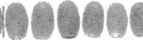 Horizontal row of black fingerprint patterns on white background