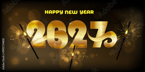 Elegant Happy New Year 2027 background with golden numbers, sparkler fireworks and festive bokeh lights. Perfect for holiday greeting cards, banners, invitations and celebration designs.