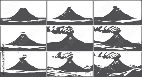 Nine-panel comic strip showing a volcano eruption sequence