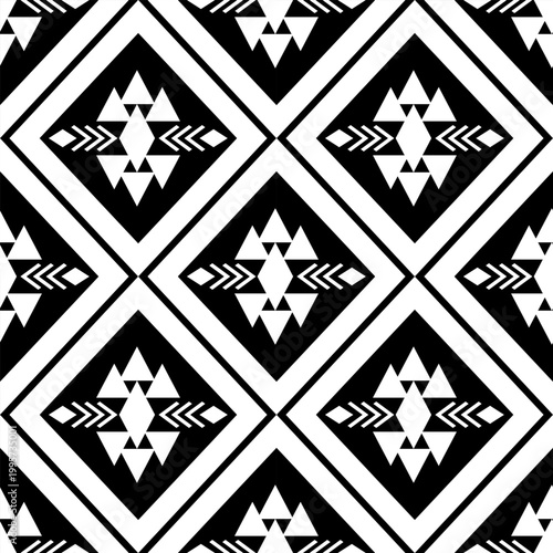 Seamless geometric pattern with black and white ethnic tribal motifs. Abstract vector background featuring repetitive diamond shapes, triangles, and square elements. Ideal for fabric print, wallpaper,